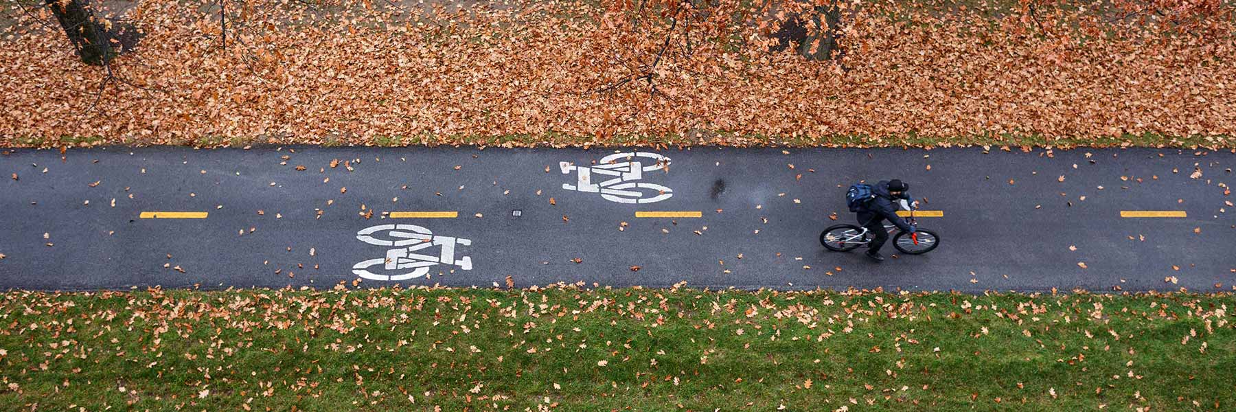 A person rides a bike on a bike path in the fall.