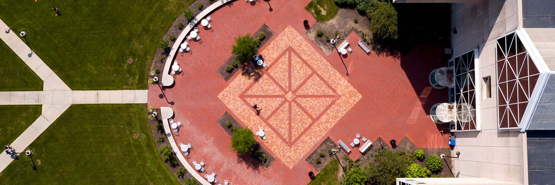 An overhead shot of the courtyard in front of University Library.